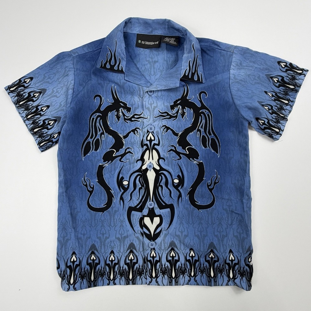 No Boundaries Dragon Button Up Shirt Boys Blue Graphic Y2K Grunge Size XS